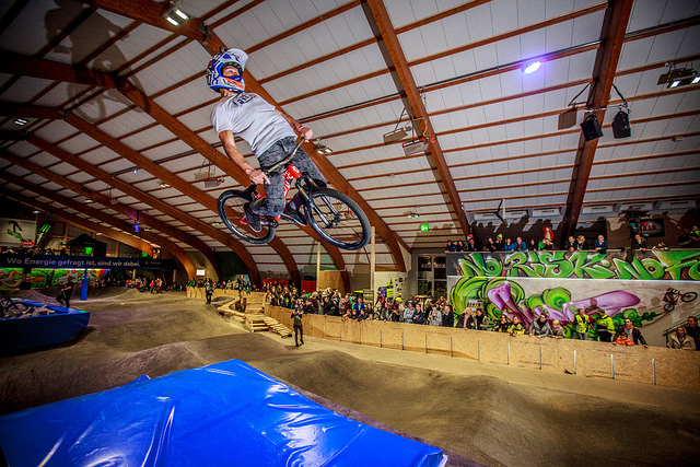 Sir Sherwy having some fun at the grand opening at this new indoor bikepark near Zurich, Switzerland. Photo by Piotr Staron