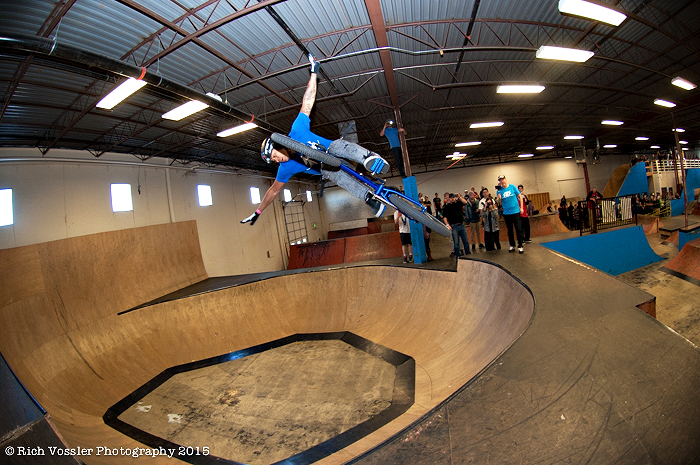 AJ Anaya with a huge tuck in the bowl on the way to the win in Pro at the Pusher Blood & Guts Comp.